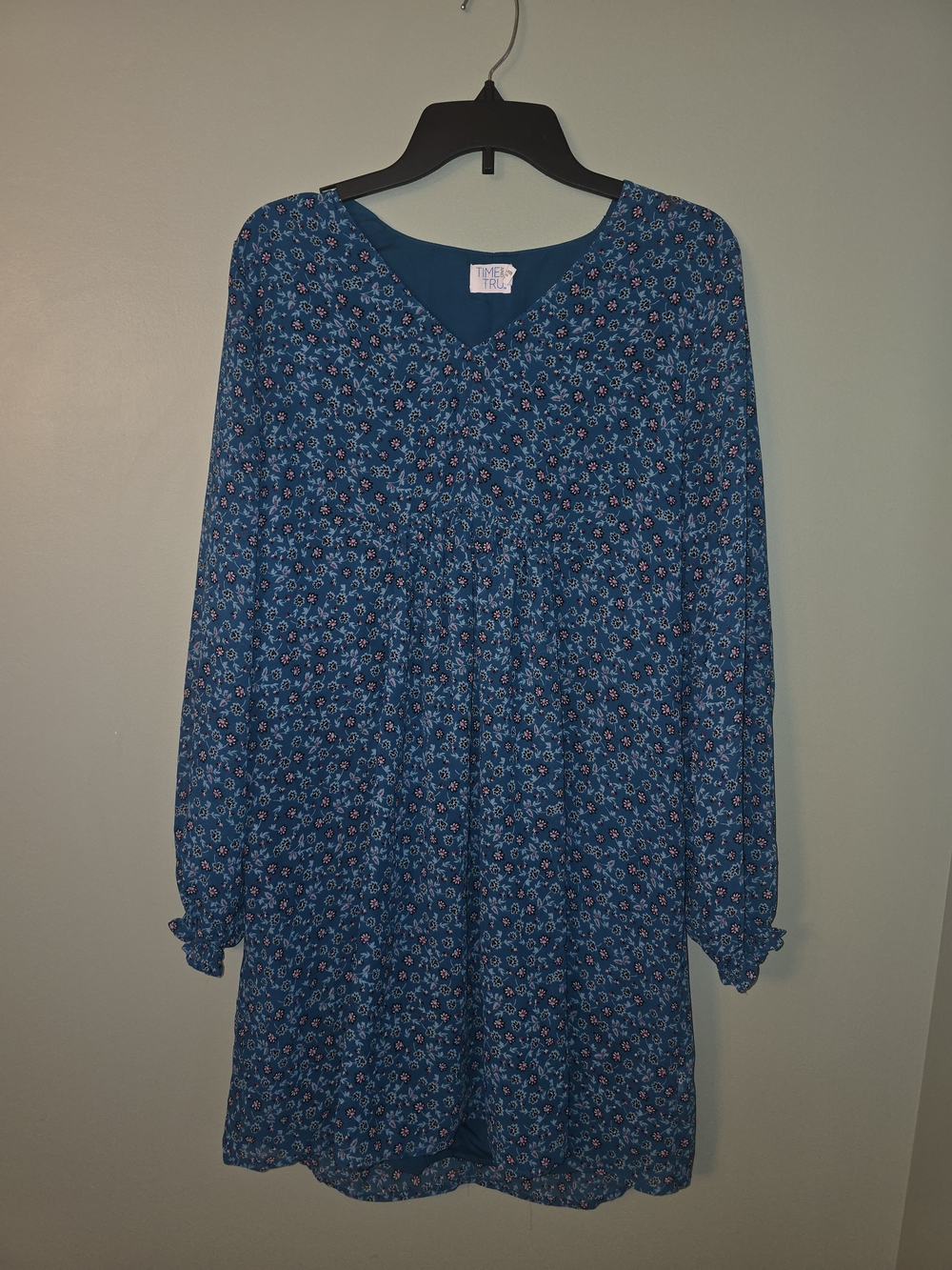 Time and Tru Teal-Blue Floral Long Sleeve Dress